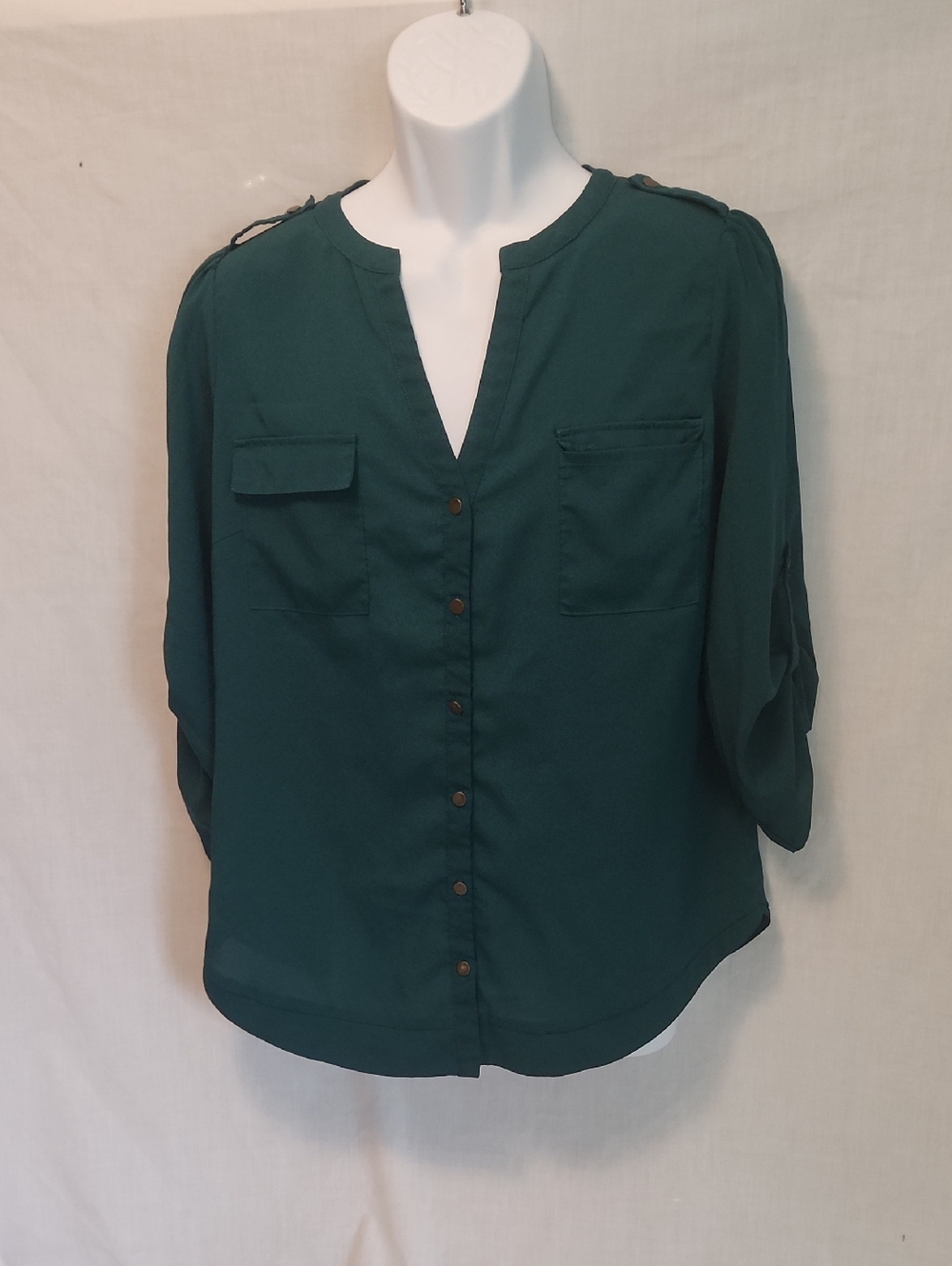 41 Hawthorn Dark Teal Button-Front Blouse with Chest Pockets